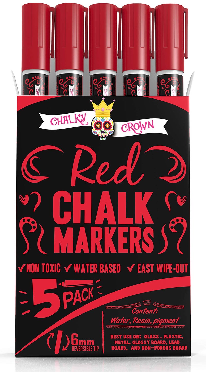 CHALKY CROWN قلم ماركر سائل تشالكي كراون - قلم مسح جاف - أقلام طباشير لعلامات السبورة، النوافذ، السبورة السوداء، الزجاج - طرف قابل للعكس 6 مم (أحمر، 5 عبوات) - Image 1